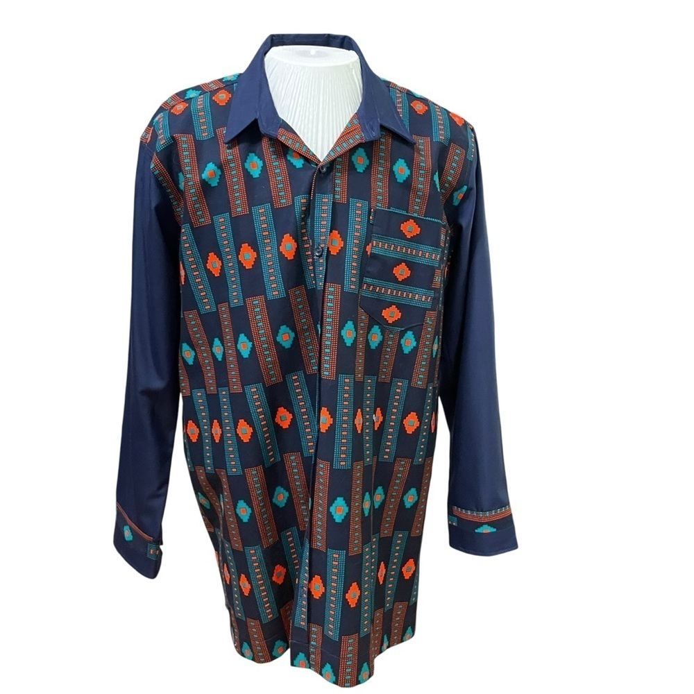 Royal Nakor Ghana Long Sleeve Button-Up Shirt L African Print Navy Red Turquoise
